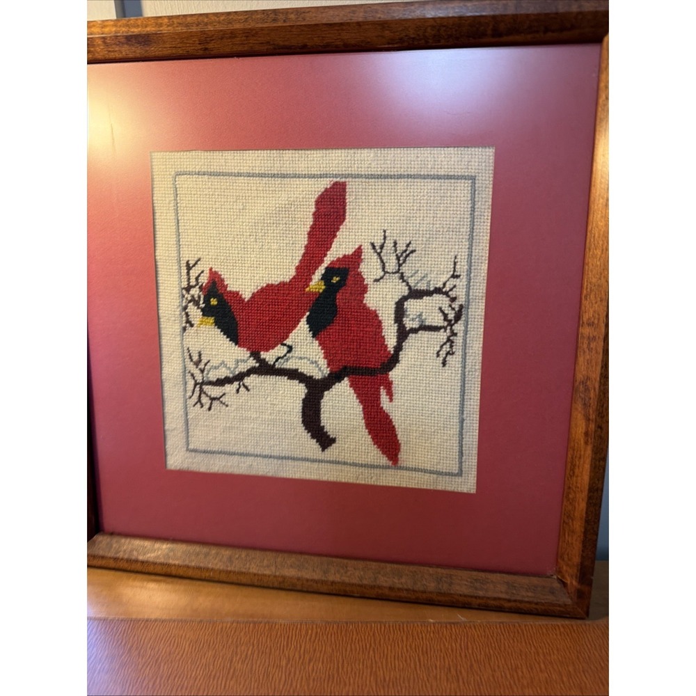 Vintage 1970's Framed Needle Point 2 Cardinals‎ On Branch  14" Square